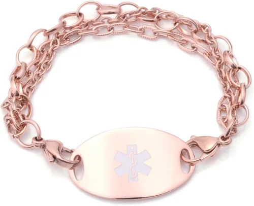 Medical Id - Pulsera de triple hebra de oro rosa con etiqueta (diabetes tipo 2), Acero inoxidable