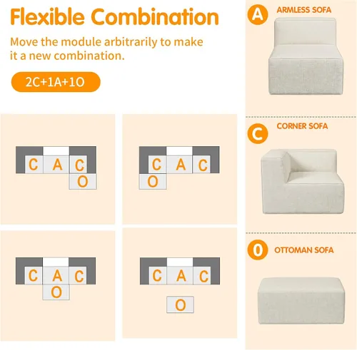 Miniatura 5 de Sofá Seccional Comprimido de 106" Sofás Modulares en Forma de L con Chaise, Espuma de Alta Densidad Sin Ensamblaje Requerido, 4 Piezas