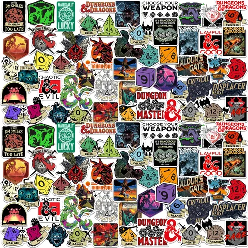 Dungeons & Dragons - Paquete variado de 100 calcomanías de vinilo grandes de lujo, dados de RPG troquelados, calcomanías de clase y fantasía para