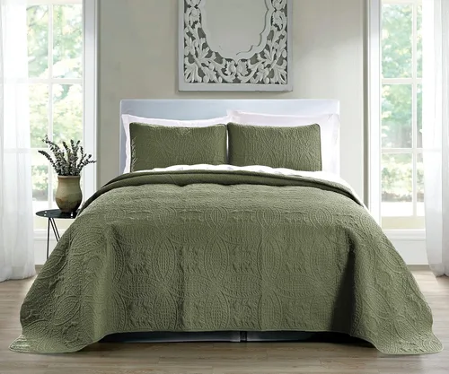 Miniatura 2 de Pure Bedding - Juego de edredón tamaño matrimonial/Queen, color verde oliva, colcha de gran tamaño, ligera, microfibra suave para todas