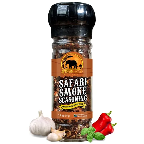 African Dream Foods Mezcla de condimentos con humo Safari con pimientos ahumados, sal marina | Ideal para carne, pollo, verduras | Molinillo