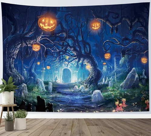 HVEST Tapiz de noche de Halloween, tapiz para colgar en la pared, bosque embrujado con tumba y calabazas, manta de pared para dormitorio, sala de