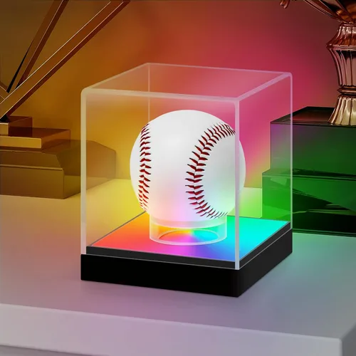 LASOA Vitrina de béisbol con luz LED RGBW, caja de exhibición de acrílico para recuerdos, protección UV, a prueba de polvo para pelota autografiada