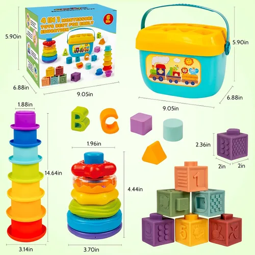 Miniatura 4 de Juguetes Montessori para Bebés de 6 a 18 Meses con Clasificador de Formas Sensoriales, Juguete de Juego de Correspondencia, Anillos Apilables