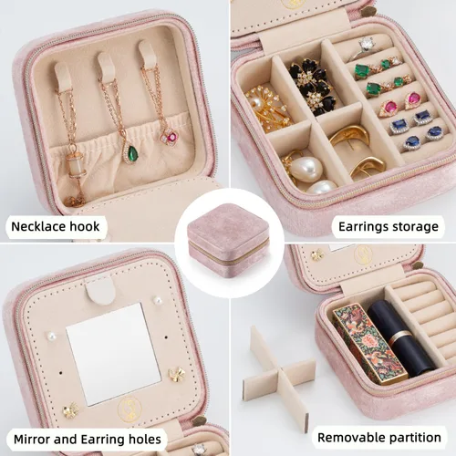 Miniatura 4 de Joyero de viaje de terciopelo de felpa, pequeño joyero de viaje, caja de joyería portátil, mini organizador de viaje, caja de almacenamiento