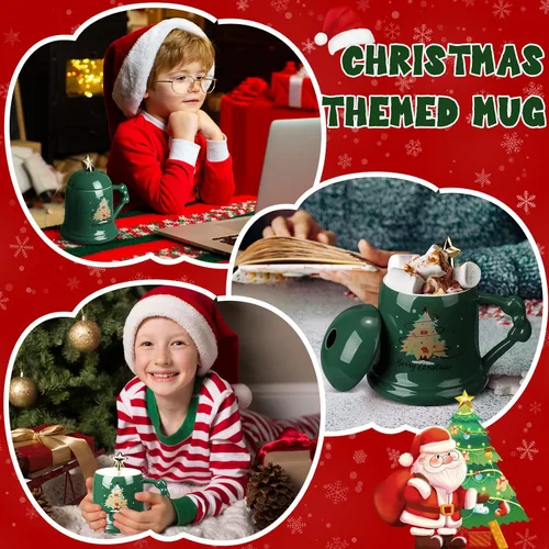 Miniatura 6 de Sliner Taza de Navidad de Cerámica Feliz Navidad Taza de Árbol de Navidad con Cuchara de Estrella y Tapa Taza de Santa para Regalos de Navidad