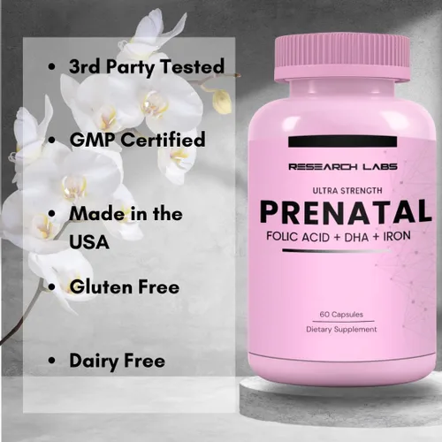 Miniatura 5 de Research Labs Vitaminas prenatales para mujeres 2 Fer 1 anuncio: 6 veces más ácido fólico metilado biodisponible MTHF 5 Apoya el desarrollo