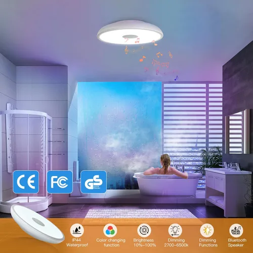 Miniatura 3 de Lámpara de techo LED inteligente impermeable de montaje empotrado, con altavoz Bluetooth, 28 cm, 18 vatios, lámpara de música regulable, luz RGB