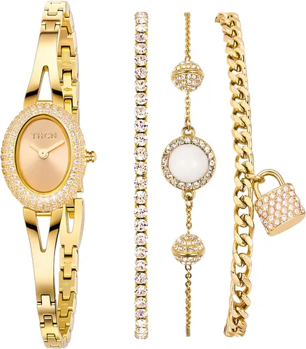 THCN Women's Gold Watch & Bracelets Set, Ladies Dainty Watches Jewelry for Women with Crystal Bezel & Adjustable Bracelets, Luxury Jewelry Gift Set