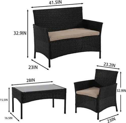 Miniatura 8 de PayLessHere Juego de muebles para patio, 4 piezas, de ratán para exteriores, sofá de mimbre para conversación de jardín, con cojín suave y mesa