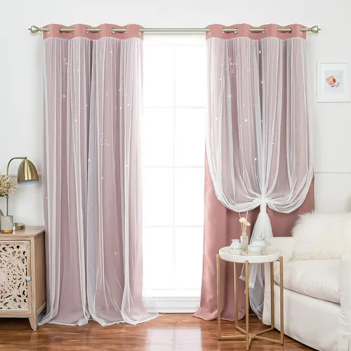 Miniatura 21 de Best Home Fashion Par de cortinas opacas con revestimiento de tul y corte láser, paneles de ventana con ojales plateados para dormitorio, habitación
