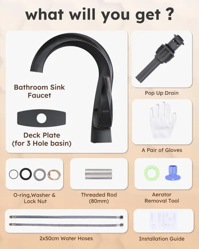 Miniatura 8 de WOWOW Grifo de Baño de Una Sola Manija 1 Agujero Arco Alto Lavabo de Baño Bronce Aceitado Frotado con Desagüe Emergente, Grifo de Lavabo de Baño