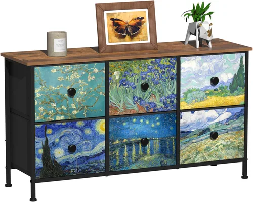 Miniatura 9 de EXOTICA Cómoda alta con 8 cajones para dormitorio, cómoda estrecha de cajones Van Gogh para pasillo, clóset, sala de estar, marco de acero, rústico