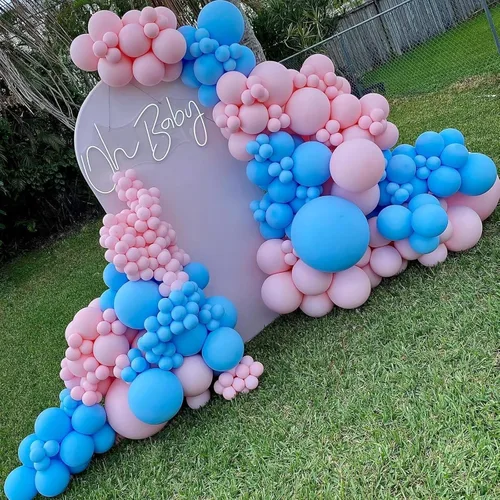 Miniatura 4 de Kit de arco de globos rosa y azul, kit de guirnalda de 100 globos azul claro rosa macarrón para revelación de género, globos de diferentes tamaños