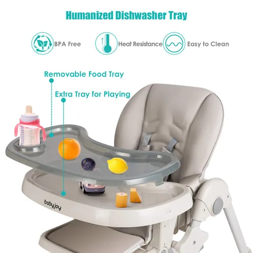 Miniatura 3 de BABY JOY Silla alta convertible para bebés y niños pequeños, altura ajustable, silla alta Grow & Go con reclinación y reposapiés, bandeja doble Gris