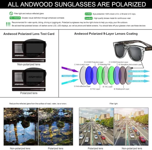 Miniatura 8 de ANDWOOD Gafas de sol polarizadas de madera para hombres y mujeres, protección UV, marco de bambú de madera, gafas de sol espejadas
