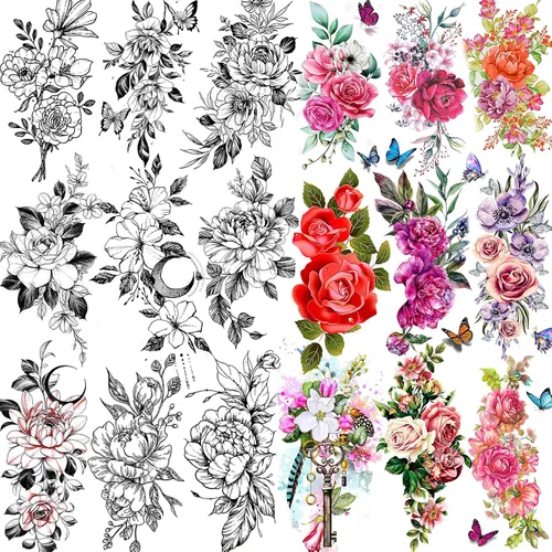 Miniatura 7 de TASROI 18 hojas de tatuajes temporales de flores sexys para mujeres, niñas y adultos, tatuajes falsos de arte corporal para el brazo, tatuajes
