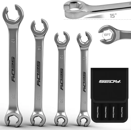 Miniatura 11 de SEDY Juego de 14 llaves para tuercas acampanadas con cinta PTFE, llave de línea de freno métrica y SAE con desfase de 1/4"-7/8" & 9-21mm, juego