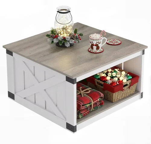 Miniatura 10 de WLIVE Mesa de Centro, Mesa de Centro Estilo Granja de 43" con Estante de Almacenamiento y Soporte Resistente en Forma de V, Mesa Central de Madera