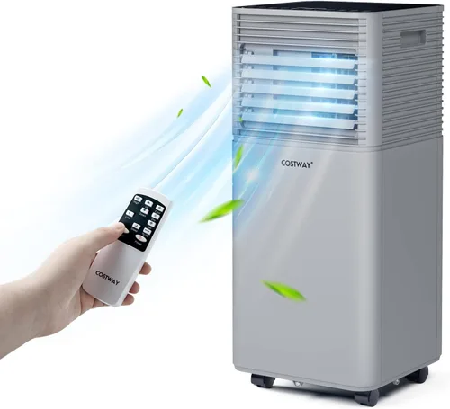 COSTWAY Aire acondicionado portátil, espacios de 10000BTU de hasta 350 pies cuadrados, con control remoto, temporizador de 24 horas y kit de Gris