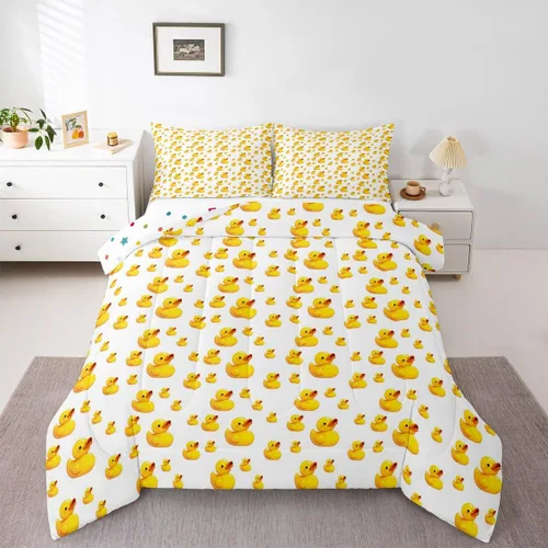Miniatura 31 de Erosebridal Juego de ropa de cama a cuadros azul para niños, juego de cama individual con diseño de patos amarillos de dibujos animados, juego