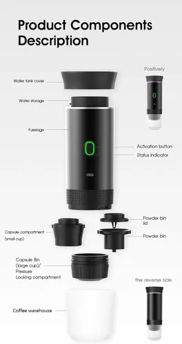 Miniatura 8 de Cafetera eléctrica portátil inalámbrica con USB-C, autocalentable, cafetera espresso recargable para viajes, camping, casa rodante, hogar, oficina