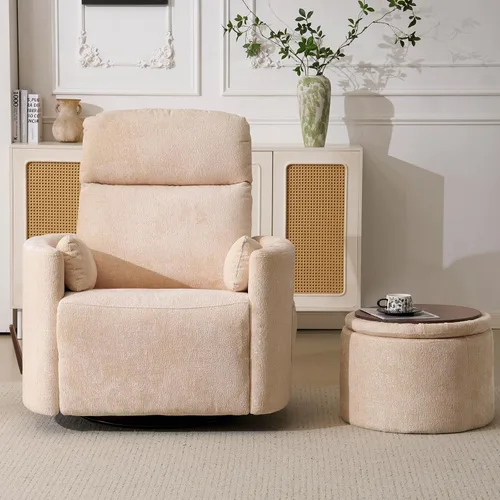 Miniatura 11 de Sillón reclinable giratorio de gran tamaño con masaje y calor, sillón reclinable giratorio para guardería con reposacabezas ajustable, silla Beige