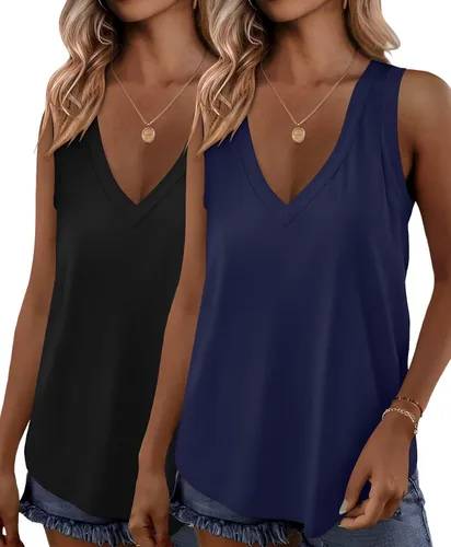 Miniatura 21 de KKJ Paquete de 2 camisetas sin mangas para mujer, cuello en V, camisetas de verano sin mangas, ajuste holgado, casual, trajes de vacaciones, camisas
