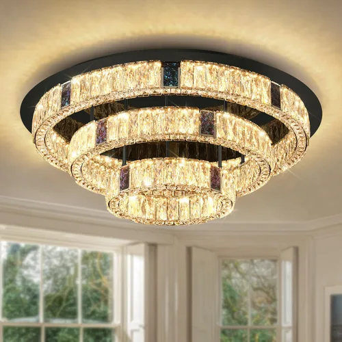 Candelabro de cristal LED moderno de 32 pulgadas para sala de estar, lámpara redonda de cristal de 3 niveles, lámpara de techo de cristal negro para