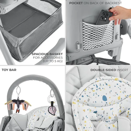 Miniatura 9 de Kinderkraft LASTREE Silla Alta Plegable para Bebés y Niños Pequeños con Función Reclinable, Barra de Juegos, Bandeja Ajustable y Reposapiés en Gris