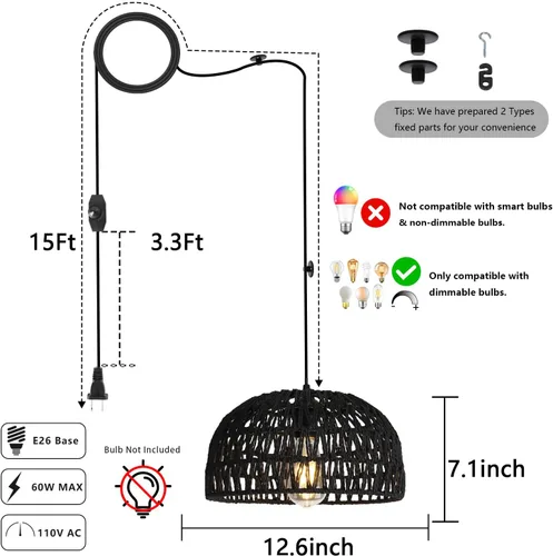Miniatura 3 de HuisMier Lámpara Colgante de Ratán con Enchufe, Luz Colgante de 15 Pies con Pantalla de Cesta Tejida de Mimbre, Lámpara Colgante Bohemia Regulable