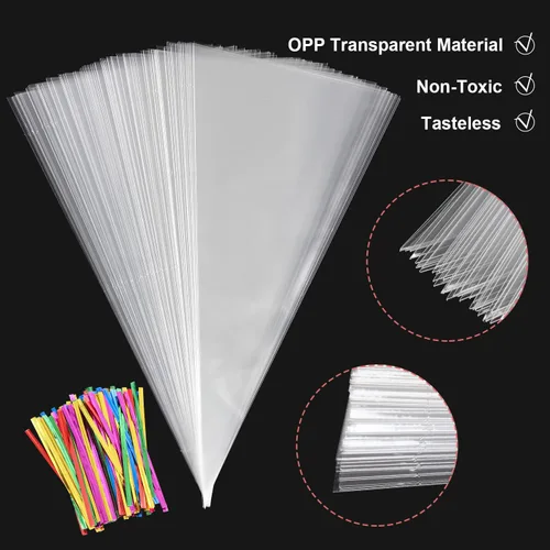 Miniatura 3 de LOMIMOS 150 bolsas de celofán en forma de cono de 5 x 10 pulgadas, bolsas de plástico triangulares transparentes con lazos giratorios