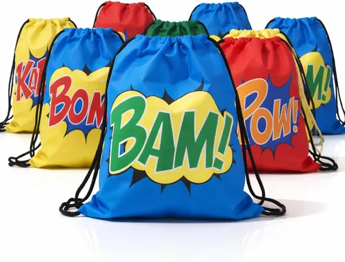 Miniatura 2 de Podzly - 12 bolsas de superhéroes con cordón para fiestas - Lindas mochilas con cincha para niños, niñas, niños - Bolsas de regalo de cumpleaños