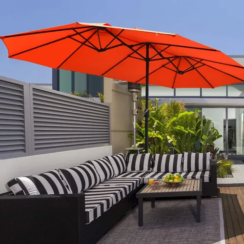 Miniatura 4 de Tangkula Paraguas de doble cara para patio de 15 pies con base, sombrilla de mesa individual extragrande para exteriores con manivela Naranja