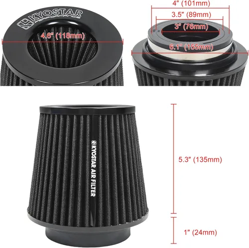 Miniatura 149 de KYOSTAR Filtro de aire universal de alto flujo de 3" (76 mm), entrada de aire frío de cono reutilizable, alto rendimiento, lavable, kit de aire seco