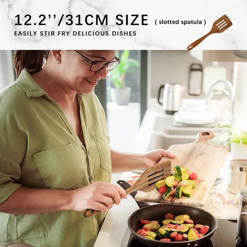 Miniatura 3 de Cucharas de madera para cocinar, juego de utensilios de cocina antiadherentes con 9 espátulas de madera de acacia y cucharas para cocinar, excelente