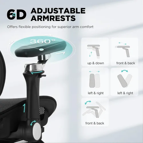 Miniatura 7 de Silla de oficina ergonómica con soporte lumbar dinámico de 3 zonas, silla de oficina de malla grande y alta con reposapiés, profundidad de asiento