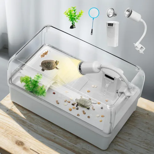 Miniatura 8 de AZV Kit de Hábitat para Tanque de Tortuga, Acuario Inicial de Recinto para Tortuga Acuática con Área Multifuncional y Filtro de Agua, Tina Casa