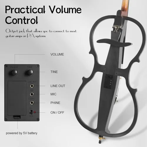 Miniatura 4 de Violonchelo eléctrico, violonchelo de práctica silenciosa de tamaño completo con conector para auriculares y bolsa de transporte, violonchelo