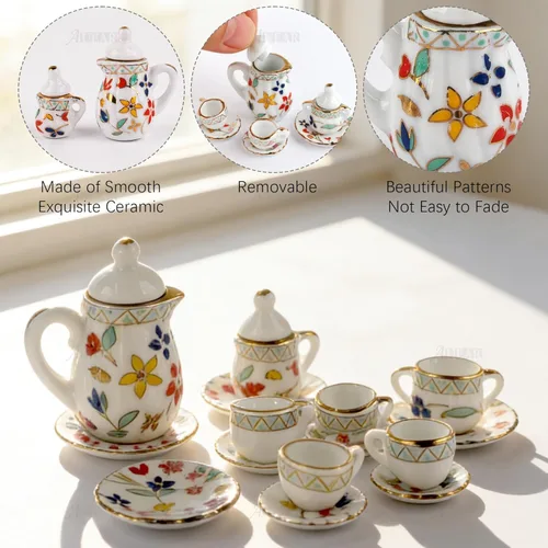 Miniatura 3 de AUEAR, Juego de 15 piezas de té de porcelana en miniatura 1:12 Miniatur Plato Taza Plato Accesorios Clásicos de Cocina (Patrón de Hoja Dorada)