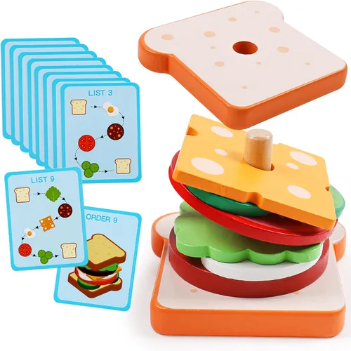 Miniatura 7 de Kizh Juguete apilable de madera para clasificar hamburguesas para niños pequeños, juguetes educativos Montessori de motricidad fina para niños