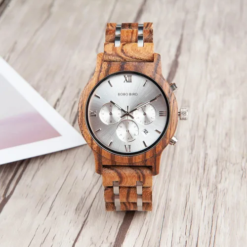 Miniatura 9 de BOBO BIRD Relojes de madera para hombre, correa de metal de madera de lujo, cronógrafo y visualización de fecha, reloj de cuarzo versátil