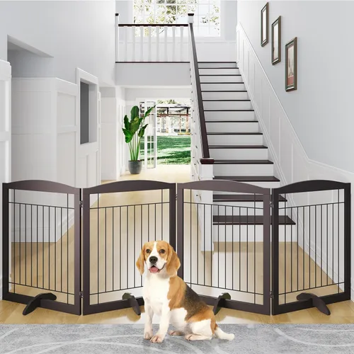 Miniatura 3 de Yaheetech Puerta extra ancha independiente para perros, valla plegable para cachorros con pies de apoyo adecuada para puertas, escaleras, 98 Espresso