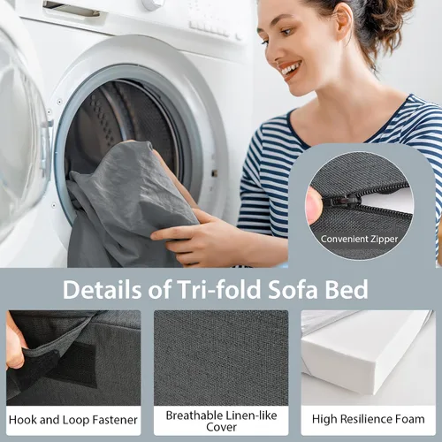 Miniatura 6 de Giantex Sofá cama plegable de 6 pulgadas con almohada, colchón de triple pliegue con espuma de alta densidad, sofá plegable con reposacabezas, cama