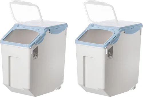 Basicwise QI004138L.2 - Juego de 2 recipientes de plástico blanco para almacenar alimentos, con una taza medidora y ruedas, grande