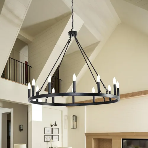 Miniatura 9 de Candelabro de iluminación de rueda de carro, 6 luces con pantalla de vidrio semillado, lámpara redonda de madera para cocina, isla de vestíbulo
