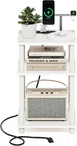 Miniatura 4 de Furinno JUST - Mesa auxiliar moderna de 3 niveles con estación de carga, mesita de noche de fácil montaje, mesita de noche con puerto USB y tipo C