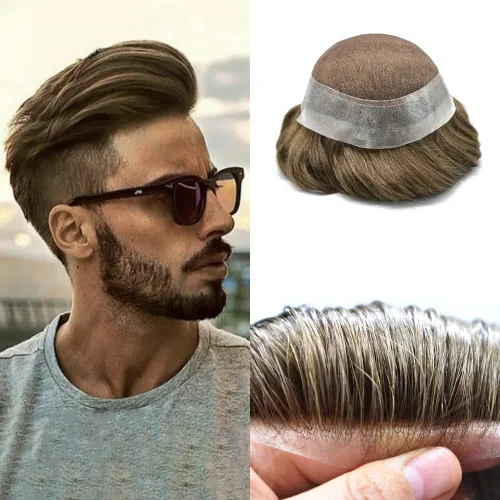 Miniatura 16 de Peluca de cabello humano para hombre, tupé de cabello humano suave para hombre, centro de encaje suizo suave, tupé adjunto con poliuretano alrededor