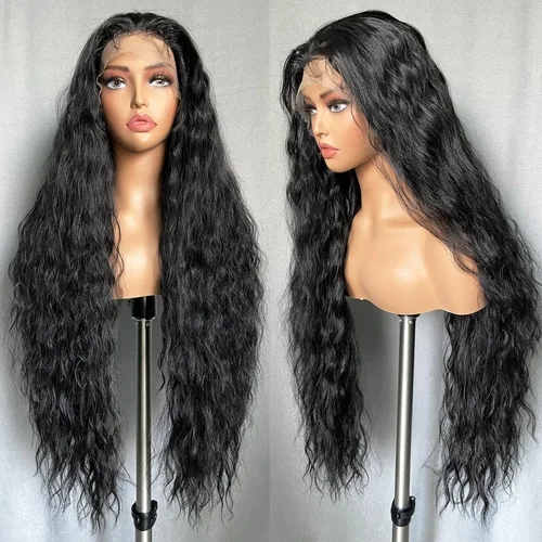 Miniatura 16 de SOKU Peluca negra de encaje frontal de 13 x 6 pulgadas, 32 pulgadas de largo, ligera, línea de cabello prearrancada con abuelitos, encaje suizo