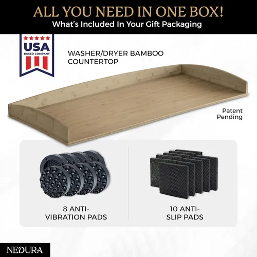 Miniatura 2 de Nedura Encimera de Lavadora y Secadora con Almohadillas Antivibración y Rieles de Borde Curvo, Encimera de Lavandería de Bambú Premium, Cubierta
